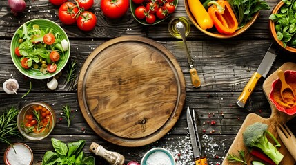 Assortment of Fresh Vegetables and Ingredients on Wooden Table for Healthy Meal