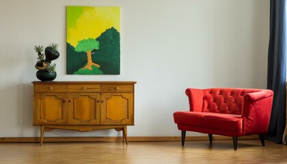 Retro, wooden cabinet and a painting in an empty living room interior with white walls and copy space place for a sofa. Real photo