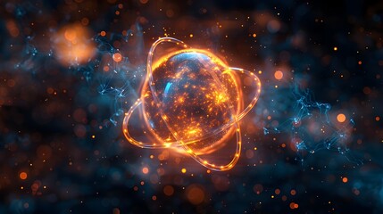 Transparent Atomic Model with Vibrant Neon-like Orbitals and Intricate Subatomic Particles in a Dynamic Energy Flow against a Dark Moody Backdrop