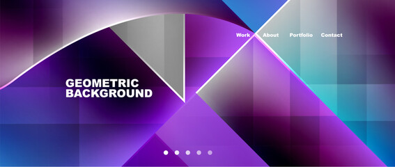 An artful geometric background featuring parallel purple and electric blue lines in a symmetrical pattern, creating a vibrant display of triangles and bold colors like violet and magenta