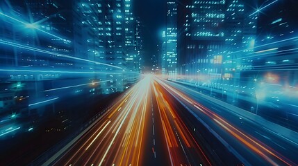  digital data flow on road in concept of program coding with graphic creating vision of fast speed transfer to show digital transformation , disruptive innovation