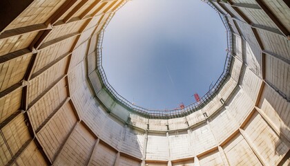 Fototapeta premium Inside a cooling tower of a nuclear power plant. View upwards, sky with haze
