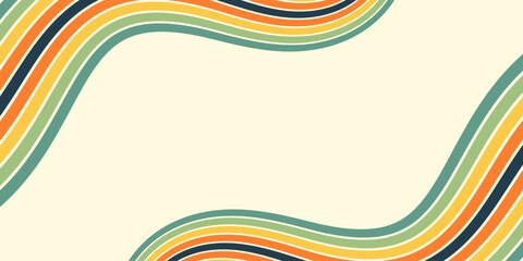 Abstract colorful 70s background vector. Vintage retro wallpaper with rainbow stripes and wavy lines. A 1970 color illustration suitable for posters, banners, decorative items and wall art.