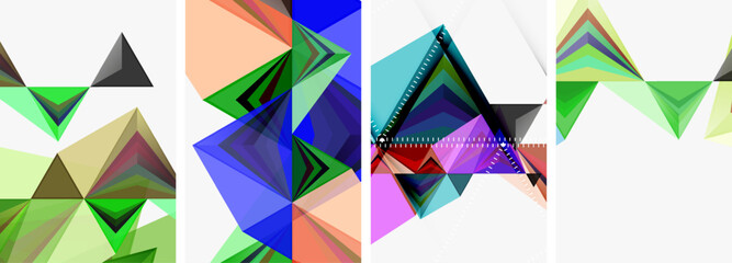 A creative arts piece featuring a collage of four triangles in tints and shades of electric blue, magenta, and other colors, showcasing symmetry and patterns on a white background
