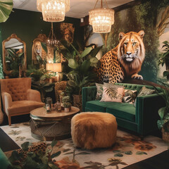 imagneA tropical jungle paradise themed lvingroom featuring lush greenery,hanging vines,and exotic...