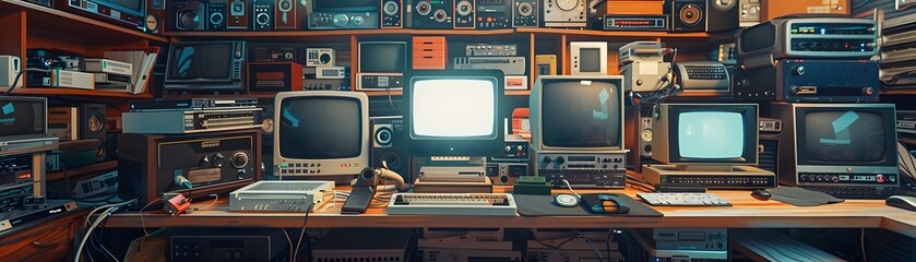 Vintage Workspace Filled with Retro Electronics and Gadgets