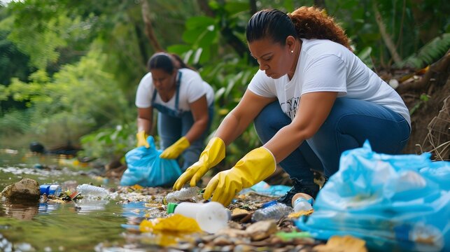 Volunteers Cleaning Up Trash and Debris from River in Nature Conservation Effort