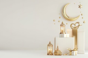 Gold crescent gift box with an Islamic backdrop. Generative Ai