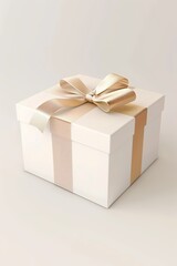 Elegant White Gift Box with Beige Ribbon 3D Render on Neutral Background
