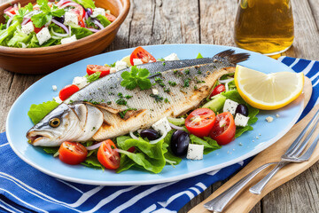 Traditional Cretan Dorada fish with Greek salad, Kissamos, Crete, Greek Islands, Greece, Europe