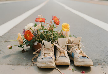 Flowers growing on old shoes It shows you that some things, even though they're old, still have meaning.