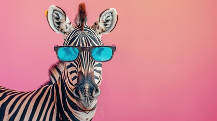 creative animal concept. A Surreal Encounter A Zebra Adorned in Sunglasses, Emerging from a Dreamlike Pastel Landscape