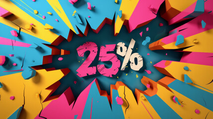 A 3D pop art explosion showcases a '25% Off' message, perfect for promotional marketing campaigns and sales events.