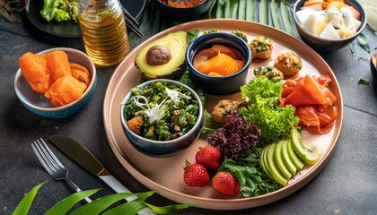 A serene setting showcasing a balanced meal with a focus on mindful eating, featuring nutritious foods that promote a healthy diet and lifestyle.