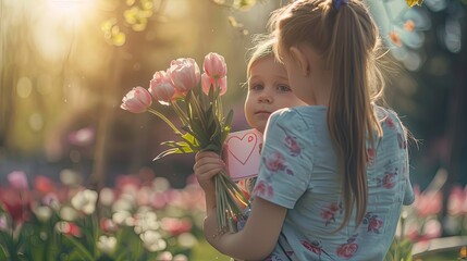 Expressing love and appreciation Mother and child with a Mothers Day bouquet and card sharing a heartfelt moment