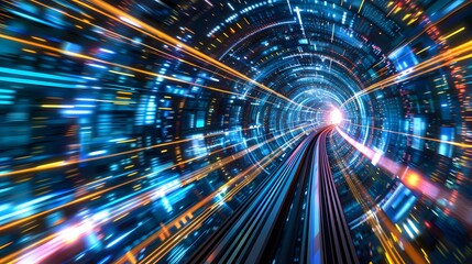 Obraz premium digital data flow on road in concept of program coding with graphic creating vision of fast speed transfer to show digital transformation , disruptive innovation