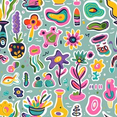 Cartoon flowers and vase, abstract shapes sticker pack