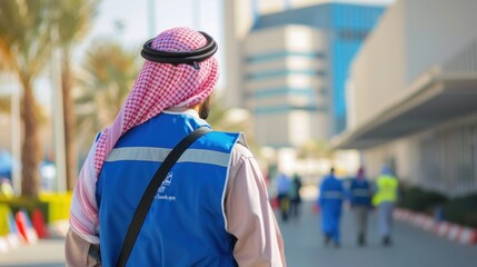 An Arab man in a safety vest with a distinct company logo walks along a modern walkway, symbolic of global business presence