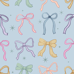 Cute set of colorful pastel ribbon bows seamless pattern background