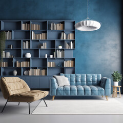 Modern cozy living room with a blue wall texture background and a built-in bookshelf
