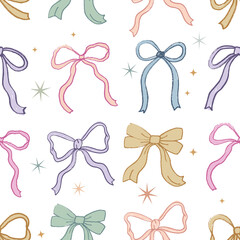 Colorful seamless pattern of coquette bows transparent background