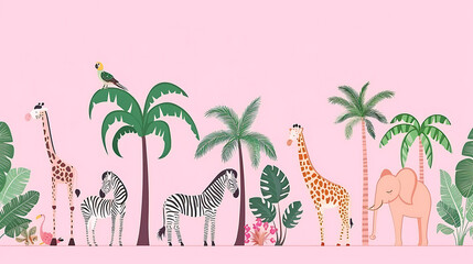 Jungle, tropical illustration. Tiger, parrots, giraffe, zebra, elephant, palm trees, flowers.