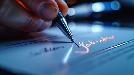 Close-up of a digital signature being added to a legal contract on a tablet within a DMS, using a 50 mm lens at F 20 Isolated background with space for explanatory text - Powered by Adobe