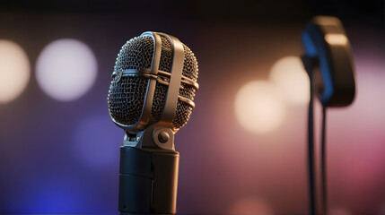 Vintage microphone on stage with musical and audio equipment elements