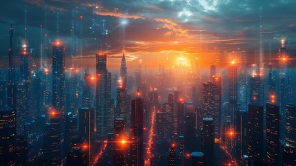 A beautiful painting of a futuristic city with skyscrapers and a bright orange sunset.