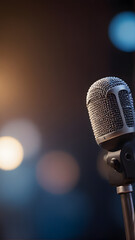 Vintage microphone on stage with musical and audio equipment elements