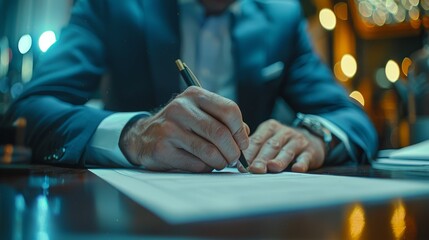 Detailed view of a government official signing a digital public service document in a DMS, captured with a 50 mm lens, F 20 Includes space for public notice text - Powered by Adobe