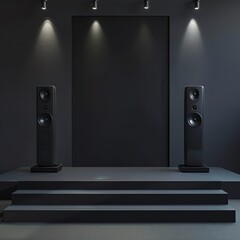Sleek, modern loudspeaker setup on a minimalist black stage with sophisticated lighting, ideal for an elegant musical concert or event