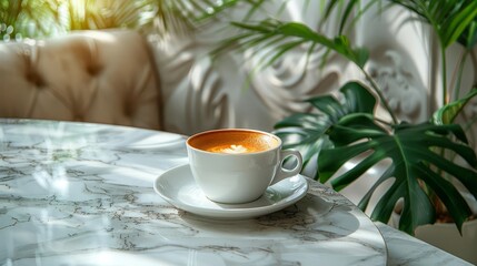 An elegant white cup of coffee on a marble table, with a green plant in the background.