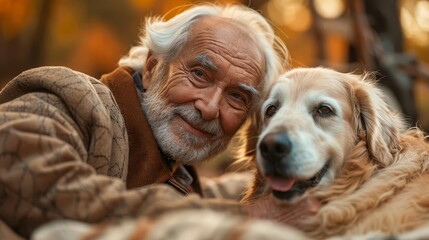 An elderly man with a long white beard and a golden retriever dog are sitting together in the woods
