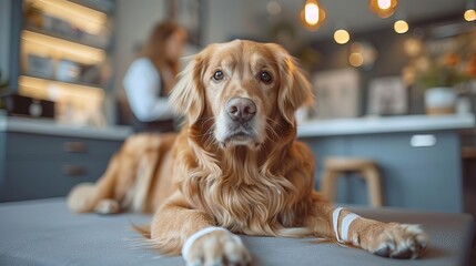 Golden retriever dog with bandaged paws lying on a table in a veterinary clinic