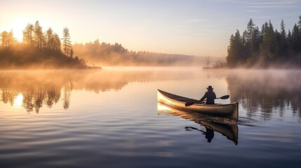 The serene scene captures a canoe gliding over the calm waters of the Lake, enveloped by the gentle embrace of the morning mist, which accentuates the tranquil atmosphere.