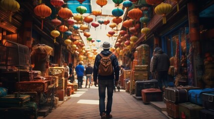 A young man traveling alone checking out the local wet market
