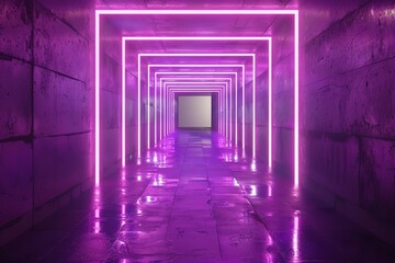 Square tunnel with neon light abstract background. Generative Ai