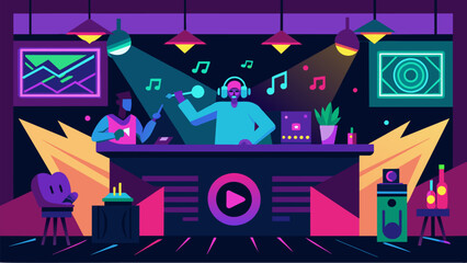 Obraz premium The first corner of the bar is decked out in neon lights and graffiti with t beats of electronic dance music blasting from the speakers. The walls are Vector illustration