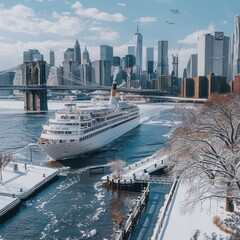 The luxury ship travels to the pier in the middle of the city with the appearance of the ship's bold hull texture and attracts the eye when winter arrives
