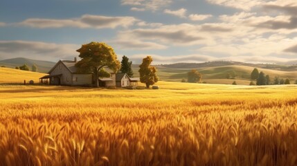 a wheat field and a storage shed in the middle of the field