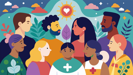 A mural painted by a group of individuals from diverse backgrounds coming together to heal and find common ground through the shared experience of.