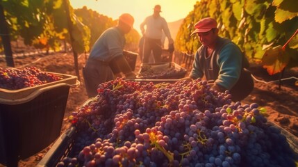 Harvesting white grapes for wine production