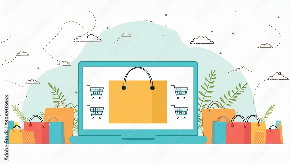 Poster concept delivery shopping online screen shop store web which computer laptop cart bag boxes package 