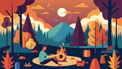 An illustration of a peaceful forest in the fall with a small campfire and someone playing a guitar while others listen to records. Vector illustration