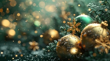 3D illustration of a Christmas scene with snowflakes in green and gold, balls, and space for text