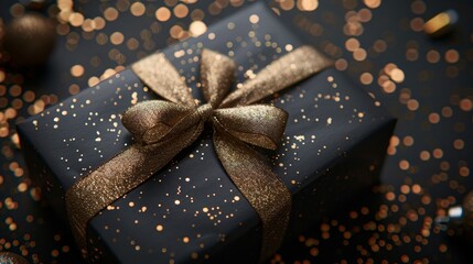 A black gift box with a golden ribbon on a black background