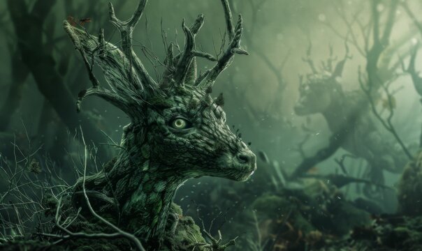 Imaginary creature resembling a forest spirit in mystical setting