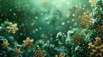 A Christmas background with snowflakes in green and gold, balls