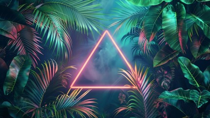 palm leaves in shades of lime green, forest green, and chartreuse, surrounding a glowing triangle frame on a tropical neon background